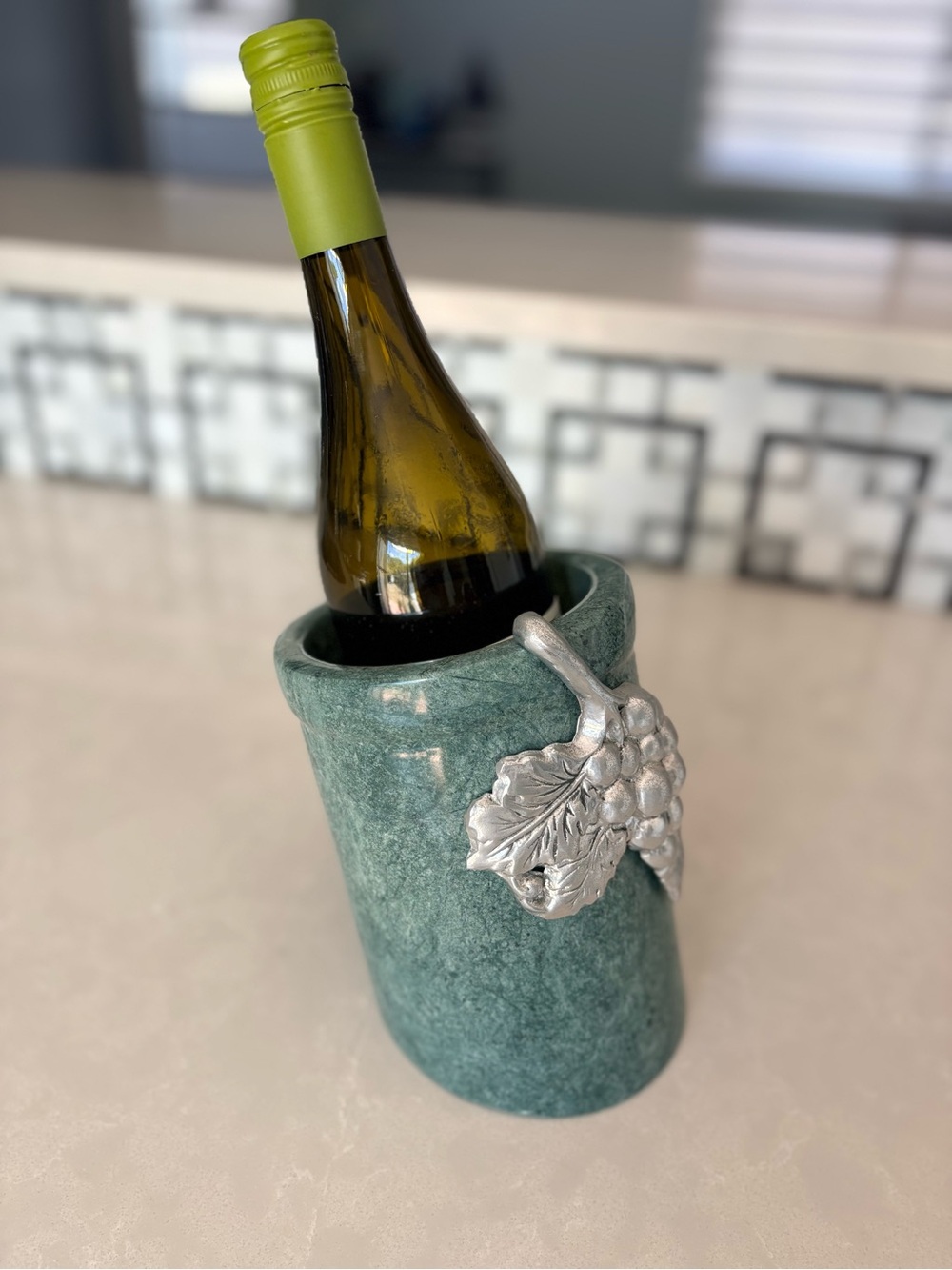 Vintage Angled Solid Green Marble & Pewter Wine Chiller | Grape Harvest Cooler - Picture 5 of 11